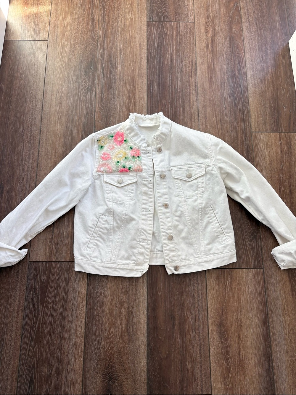 White Denim Jacket with Pink Floral Embroidery